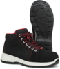 Preview: The image shows black work boots with red lining. They have a sturdy sole with a textured tread and lacing that ensures a secure fit.