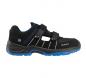 Preview: The shoe is black with blue and white accents. It has two wide Velcro straps and a breathable upper. The sole is sturdy and lightly textured.