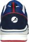 Preview: The image displays the rear view of a blue sports shoe. It features a white sole with a red edge and a prominent logo in the center. The shoe also has textile and elastic elements.