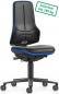 Preview: The office chair has a black upholstery with blue accents. It features a high backrest and a wide seat, as well as five casters for mobility. Load capacity up to 180 kg.