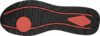 Preview: The image shows the underside of a sneaker shoe. The sole is black with a red, curved pattern and features a round indentation in the middle as well as a textured surface.