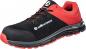 Preview: The shoe is mid-top, with a black upper and red accents. It features a padded heel, laces, and a sturdy, non-slip sole. Ideal for active use.