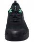 Preview: The shoe is black with slightly shiny, textured surfaces. It has green laces and a sturdy, round toe. The sole is robust and well-cushioned.