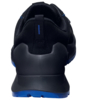 Preview: The image shows the back of a black sports shoe with blue accents. The shoe has a sturdy, slightly curved sole and a pull tab for easy slipping on.