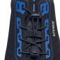 Preview: The image displays the top view of a shoe in black with blue accents. It features a lace-up design with a robust tension system and a textured surface.