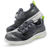 Preview: The image shows a pair of black safety sneakers with light green accents. They feature a padded, non-slip sole and pointed reinforcements for foot protection. Laces are included.