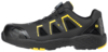 Preview: The shoe is low, black with yellow accents. It features a durable upper, side ventilation slits, and a reinforced toe cap. The sole is grippy and flexible.