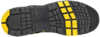 Preview: The image displays the sole of a shoe. It is predominantly black with yellow rubber elements. The sole features a textured tread with various grooves and patterns for good grip.