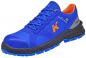 Preview: The shoe is sporty, primarily in bold blue with orange accents. It has a sturdy rubber sole and is designed with laces and a padded collar.