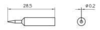 Preview: The image displays a technical drawing of an object with an elongated, pointed head and a cylindrical body. On the left, length dimensions are provided, and on the right, a top view is shown.