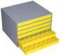 Preview: The image shows a stackable, gray storage system with multiple yellow drawers. The bottom drawers are pulled out and contain round compartments.