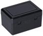 Preview: The image shows a rectangular, black plastic box with smooth, slightly glossy surfaces. The box has a flat lid and two side latches.