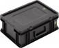 Preview: The image shows a black plastic box with a flat lid. It has rounded edges, side handles, and is sturdily built, ideal for storing items.