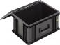 Preview: The picture shows a black, rectangular plastic box with a removable lid. It has side handles and is empty inside. The box appears sturdy and functional.