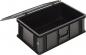 Preview: The image shows a black, rectangular plastic storage box. It has a lid that is slightly open and a handle on the side for easy carrying.