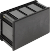 Preview: The image shows a rectangular, black plastic box with smooth walls and a flat top. It has side handles and is suitable for storing items.