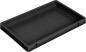 Preview: The image displays a rectangular, flat tray made of black plastic. It features raised edges and a smooth interior surface, ideal for transporting items or food.