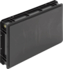 Preview: The image shows a rectangular, flat, black plastic box. The surface is smooth, and it has side recesses. It appears sturdy and could serve as a container or cover.