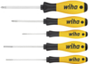 Preview: The image shows five screwdrivers with black handles and yellow areas. They are of varying lengths and have different head types, labeled with "wiha".