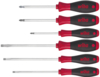 Preview: The image shows six screwdrivers in a row. They have black handles with red elements. The blades are made of metal and come in various sizes and shapes, including Phillips and flathead screwdrivers.