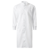 Preview: The image shows a white coat with long sleeves. The coat has a stand-up collar and is closed at the front with buttons. A small chest pocket is present.