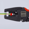 Preview: The image shows a wire cutter from Knipex. It is red and black and has an opening for wires of various sizes. Two colored wires (green and brown) are inserted.