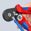 Preview: The image shows a hand holding a red and blue crimping tool. The tool has a black surface and an opening into which a blue wire is being inserted.