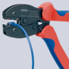 Preview: The image shows a cable crimping tool with red-blue handles. The tool has a closed, black working opening into which a blue cable bundle is inserted.