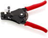 Preview: The image shows a cable cutter with red handles. It has a black metal construction and a spring-loaded mechanism. On one side, there is a small blade for stripping wires.