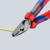 Preview: The image shows a pair of pliers with red-blue handles. It is half-open and holding a yellow-green cable. The pliers have a flat, black cutting surface and a textured exterior.