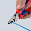 Preview: A hand is holding a red and gray pliers. The pliers are cutting a blue wire. The background is bright and solid-colored. The pliers have a serrated edge and a sharp blade.