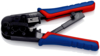 Preview: The image shows a crimping tool with black metal parts and colorful, ergonomic handles in blue and red. It is designed for connecting cables and has a compact, sturdy construction.