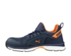 Preview: The shoe is sporty and modern, predominantly dark blue with orange accents. It has a closed, breathable surface and a white, lightweight sole.