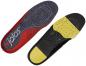 Preview: The image shows two insoles. One side is red with a spiral-like pattern, the other is black with yellow and black areas. They are designed for additional comfort and support.