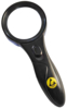 Preview: The image shows a black magnifying glass with a handle. The lens has a wide frame and there is a small button on the handle. A yellow ESD symbol is visible.