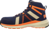 Preview: The shoe is a navy blue athletic shoe with higher sides for ankle protection. It has bright orange accents and a breathable mesh material. The sole is sturdy and grippy.