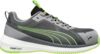 Preview: The shoe is a sporty sneaker in gray with green accents. It has a breathable upper, a cushioned sole, and a reinforced toe cap. The laces are elastic.