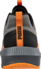 Preview: The shoe is black and gray, with an upper part made of mesh material. A striking orange marking is visible on the heel area and the back. The upper part has a loop for easy slipping on.