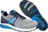 Preview: The image shows a sports shoe in gray and blue. The shoe features a breathable upper and a textured sole with a wavy pattern. The laces are black.