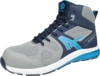 Preview: The shoe is a mid-top sports shoe in gray and blue. It features a breathable upper with mesh inserts and a thick, grippy sole that provides stability.