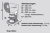 Preview: The image displays the technical dimensions of an Ergo stand with specific measurements (A to E) and weight details. It is schematic and includes clear labels for each measurement.