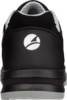 Preview: The image shows the rear view of a black sports shoe. The sole is gray and slightly elevated. On the back part, a white logo is visible, oval-shaped with a curved line.