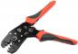 Preview: The image shows a crimping tool with red handles and a black metal body. It has various functions for stripping and crimping cables and is designed to be handy.