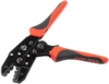 Preview: The image shows a crimping tool with black and reddish handles. The tool has various notches on the head for processing cables and connectors. It is robust and ergonomically designed.