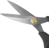 Preview: The picture shows a pair of scissors with two blades that are placed together, tapering to a point. The blades are made of shiny metal with a rough imitation on one of the blades. The handle is black and ergonomically shaped.