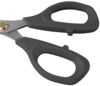 Preview: The image shows a pair of scissors with metal blades and black, ergonomic handles. The handles have an oval shape, which makes holding them easier.