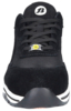 Preview: The image shows a black athletic shoe. It has a round toe, laces, and a padded tongue. The sole is wider with white and black stripes.