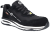 Preview: The image shows a black safety shoe. It has a sporty shape, laces, and a rubber sole with a white section. Material mix of textile and leather, combined with a yellow logo.