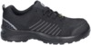 Preview: The image shows a black athletic shoe made of mesh fabric with laces. It has a sturdy rubber sole and reflective stripes on the sides. The shoe design is modern and stable.