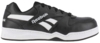 Preview: The image shows a black Reebok athletic shoe with white accents. It has a sturdy, smooth surface and classic lacing. The sole is wide and slightly elevated.